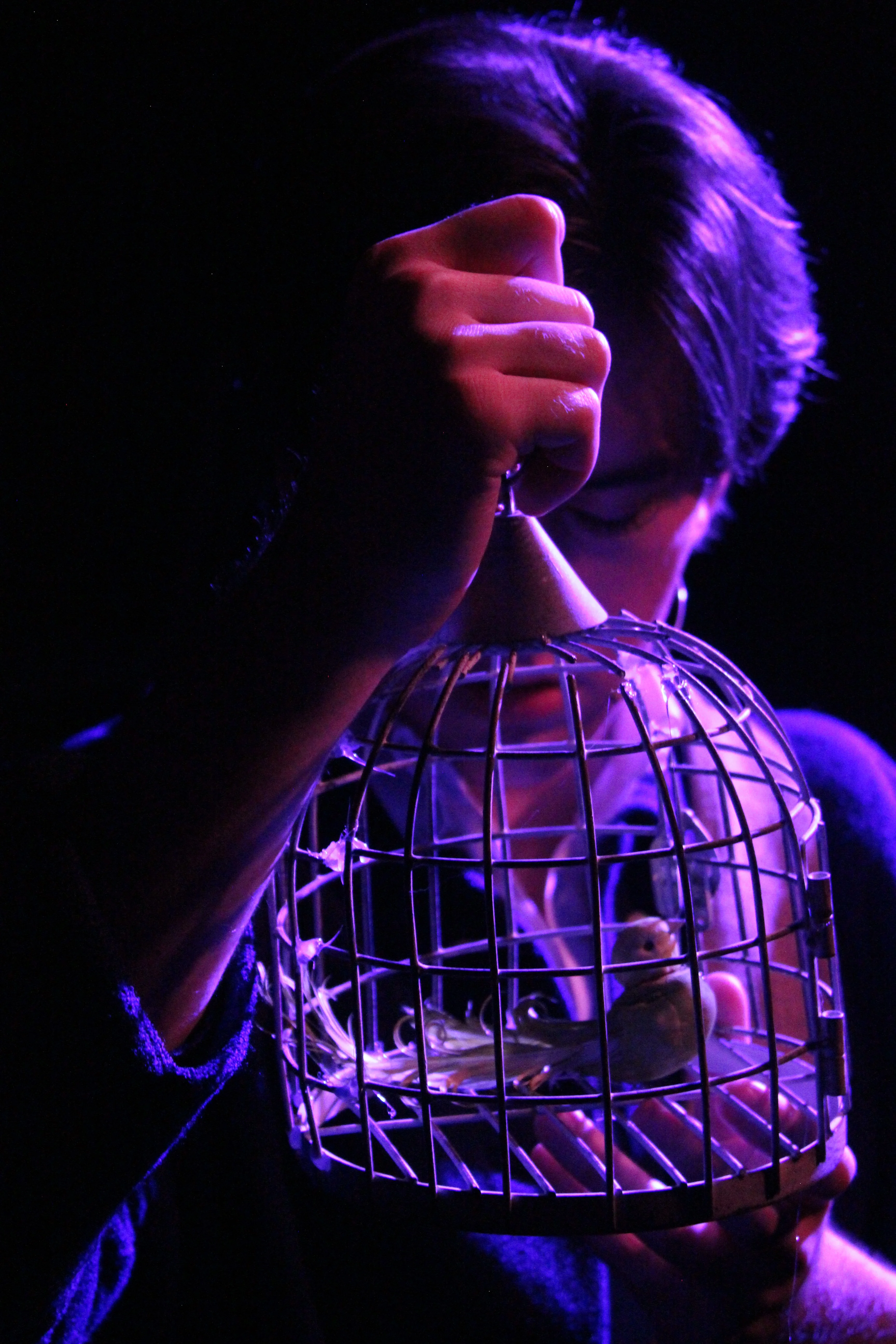 A performer looks through a wire cage-like prop under deep purple lighting in Swoop Troupe's Sweeney Todd.